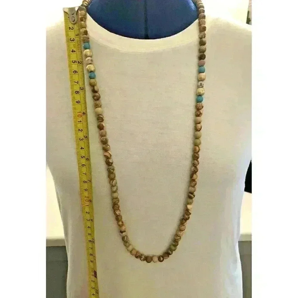 Natural Beaded Stone W/ Turquoise Marble Necklace Southwest Boho Balinese Long